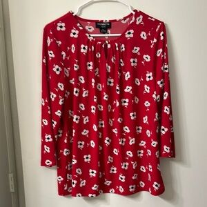 Liz Claiborne Red Pleated 3/4 Sleeve Red Floral Blouse